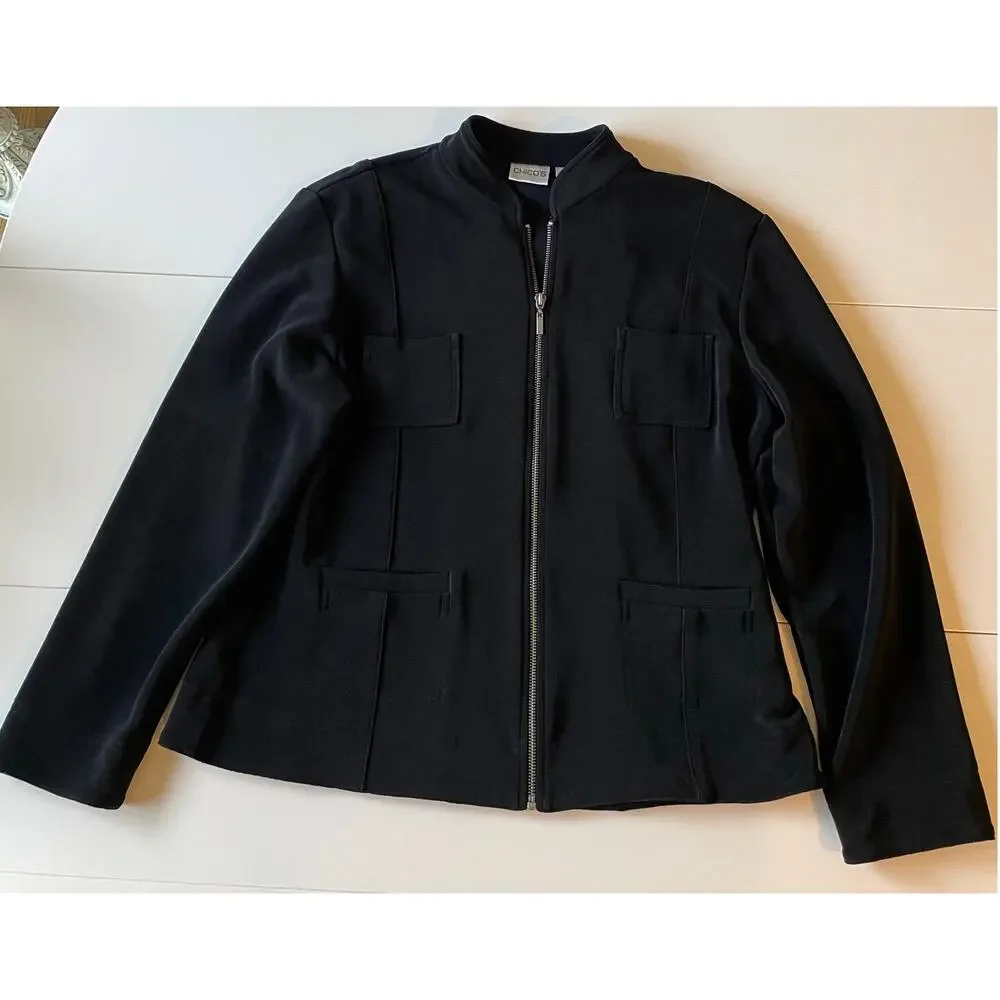 Chico’s Full Zip Black Jacket Sz L Stretch Knit Minimalist Normcore Staple
